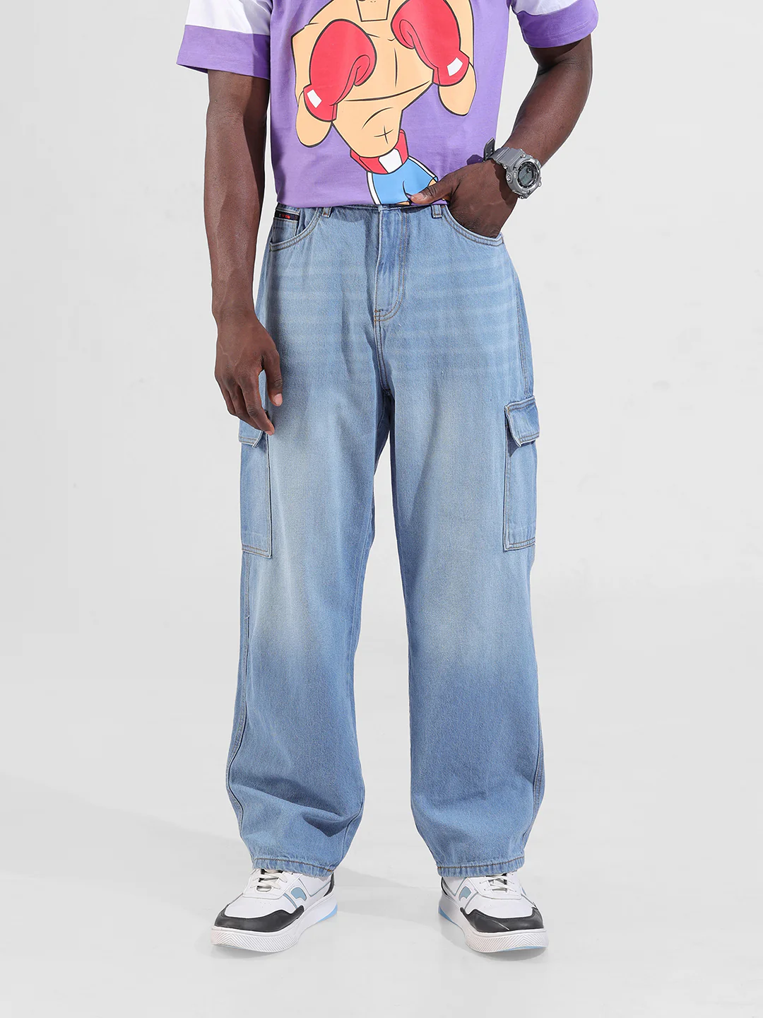 Men's Blue Baggy Fit Solid Street Wear Jeans - Image 2