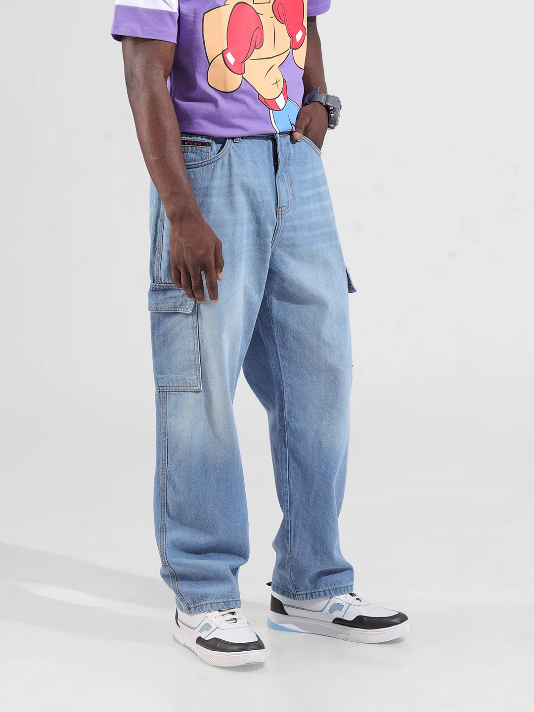 Men's Blue Baggy Fit Solid Street Wear Jeans - Image 3