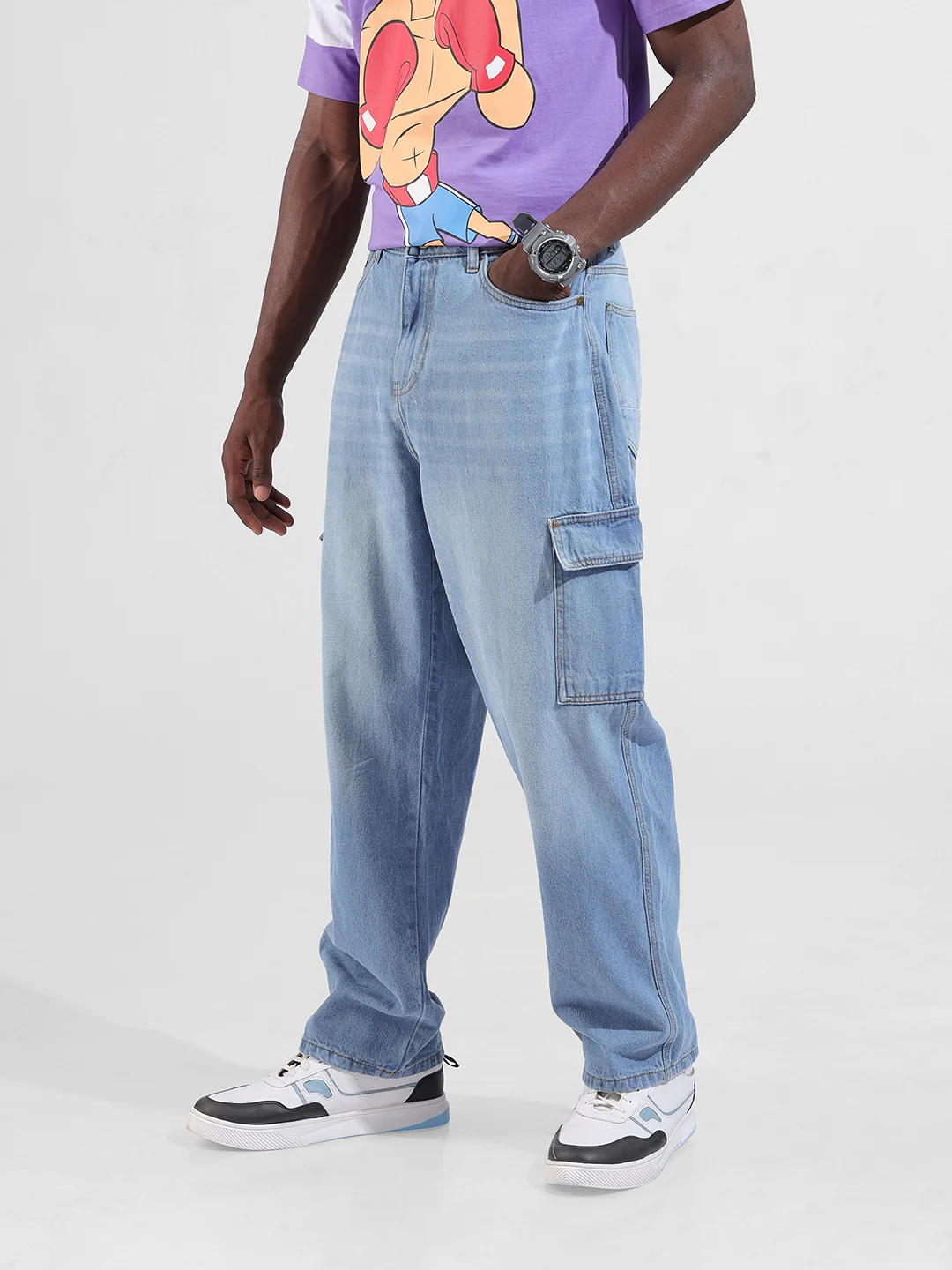 Men's Blue Baggy Fit Solid Street Wear Jeans - Image 4