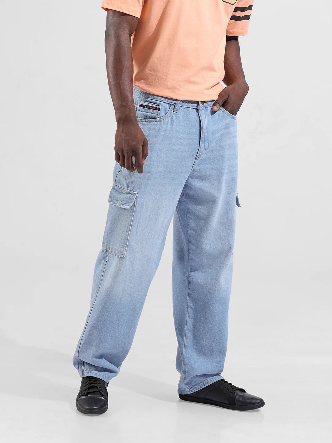 Men's Blue Baggy Solid Mid-Rise Cargo Jeans - Image 3