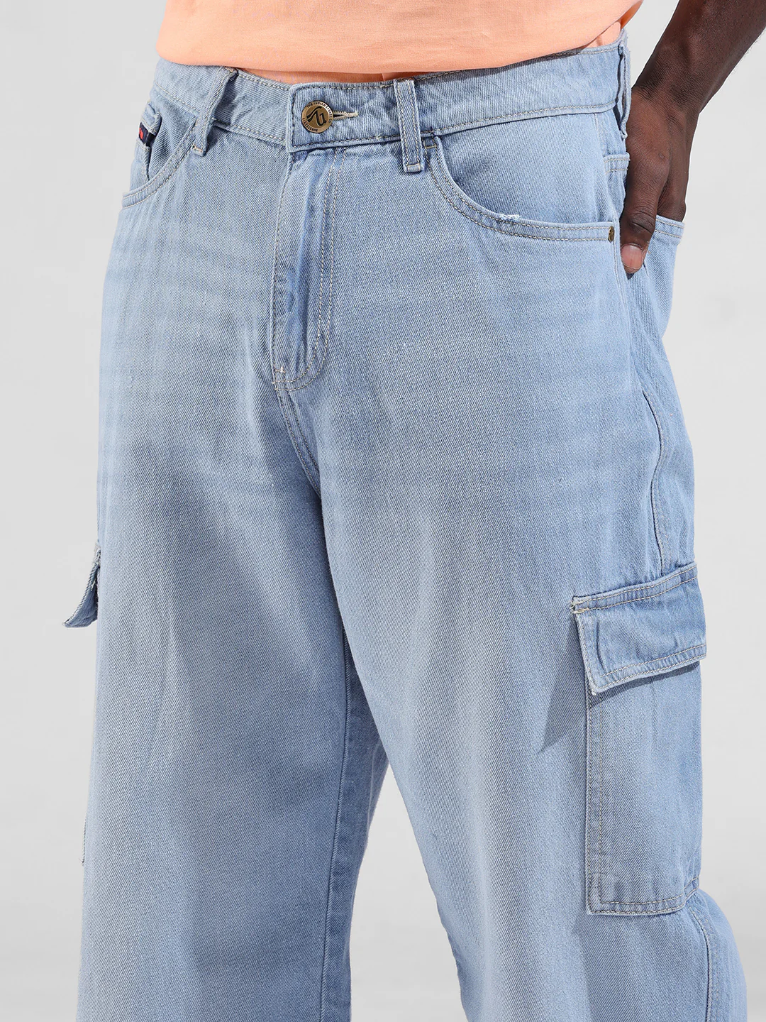 Men's Blue Baggy Solid Mid-Rise Cargo Jeans - Image 5