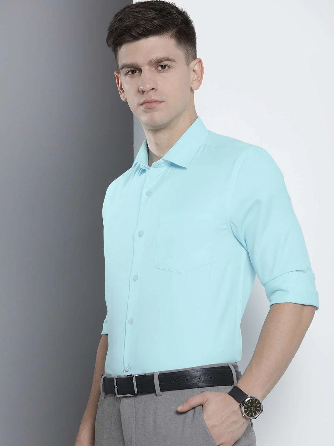 Men's Blue Slim Fit Solid Formal Shirt - Image 6