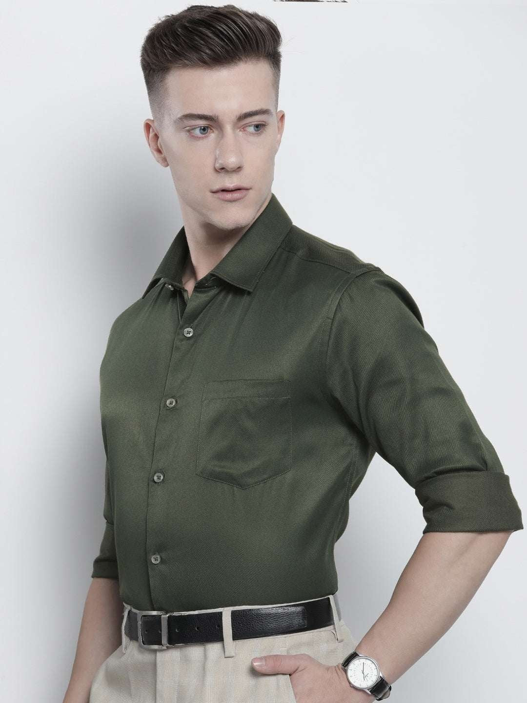 Men's Olive Slim Fit Solid Formal Shirt - Image 6