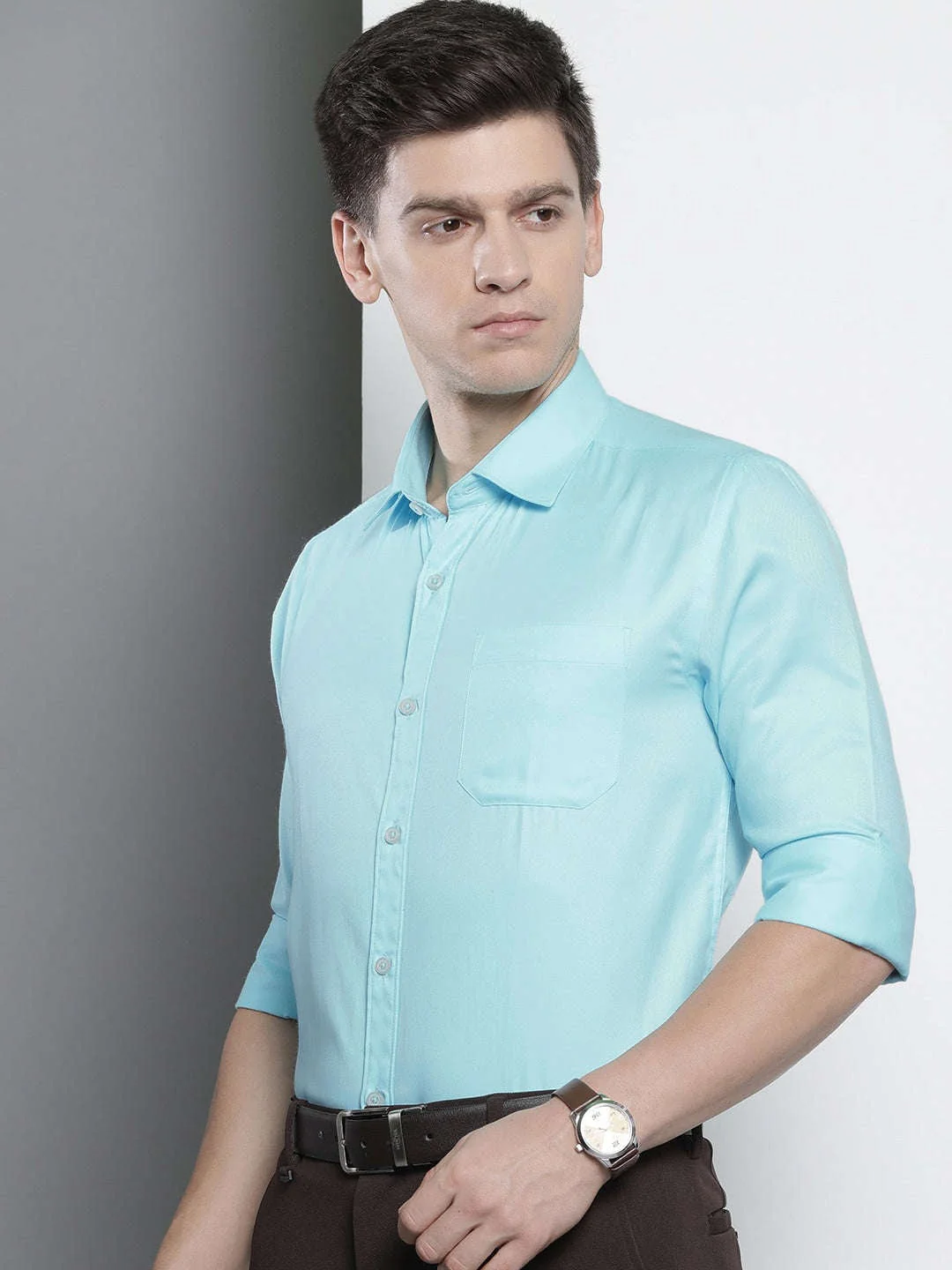 Men's Blue Slim Fit Solid Formal Shirt - Image 6