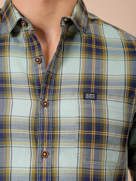 Men's Green Regular Fit Checkered Casual Shirt - Image 7