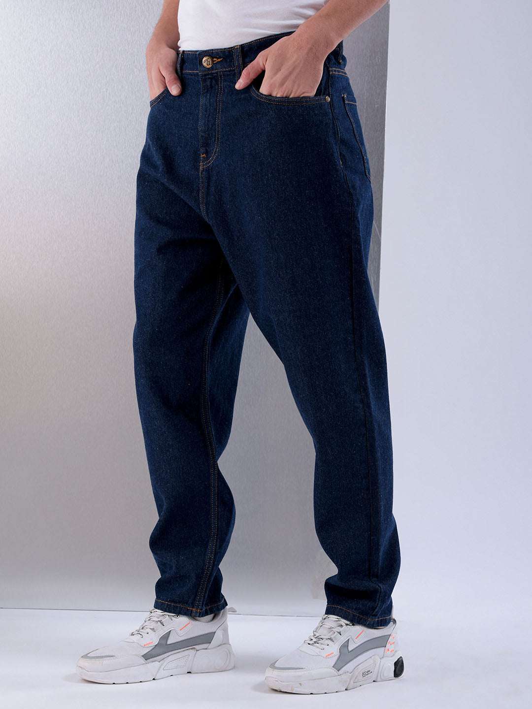 Men's Dark Blue Loose Fit Solid Casual Jeans - Image 4
