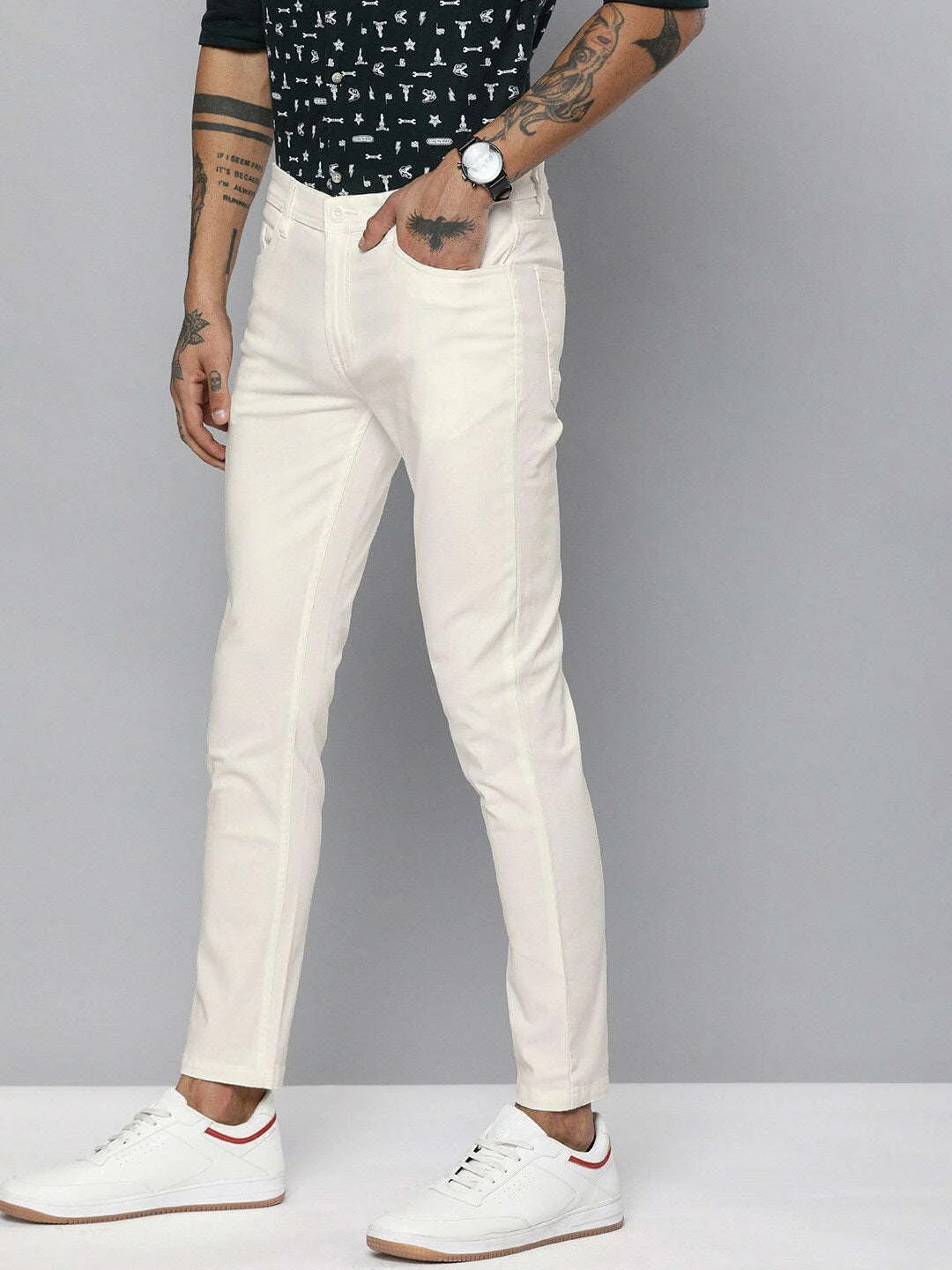 Men's White Slim Fit Solid Casual Chinos - Image 3