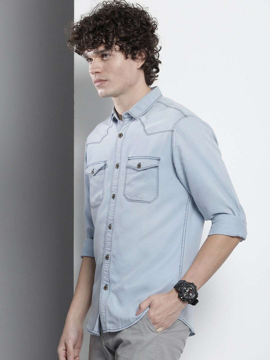 Men's Blue Slim Fit Solid Casual Shirt - Image 6