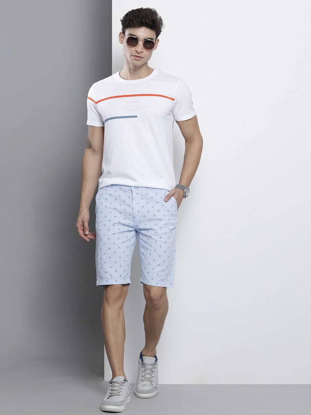 Men's Blue Slim Fit Printed Casual Shorts - Image 6