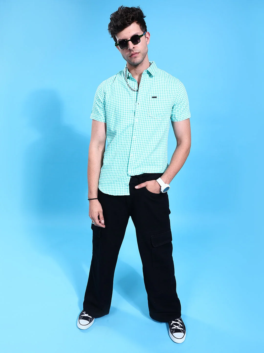 Men's Green Slim Fit Checkered Casual Shirt - Image 3