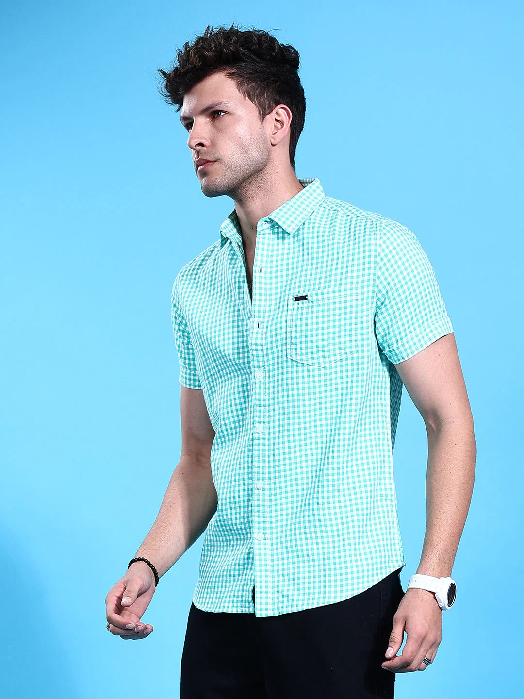 Men's Green Slim Fit Checkered Casual Shirt - Image 4