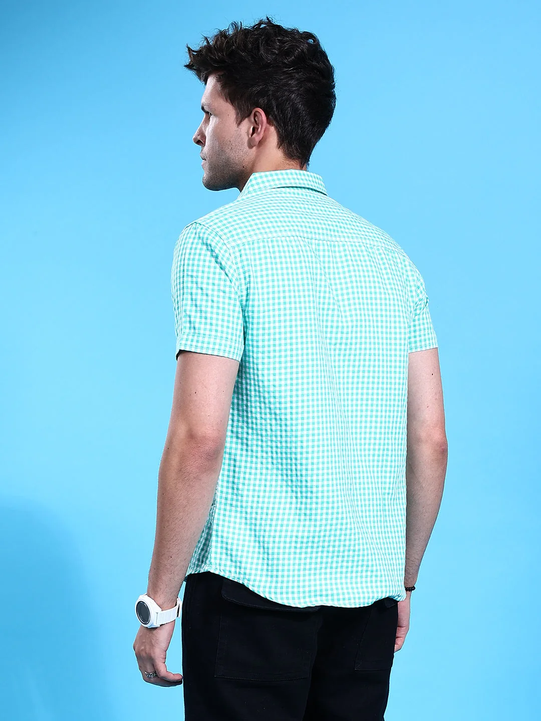 Men's Green Slim Fit Checkered Casual Shirt - Image 5