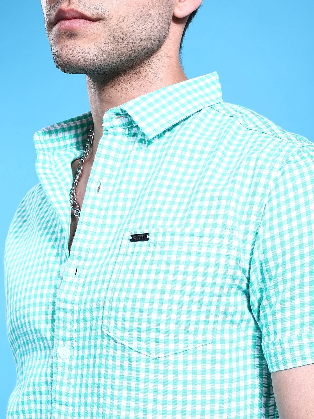 Men's Green Slim Fit Checkered Casual Shirt - Image 6