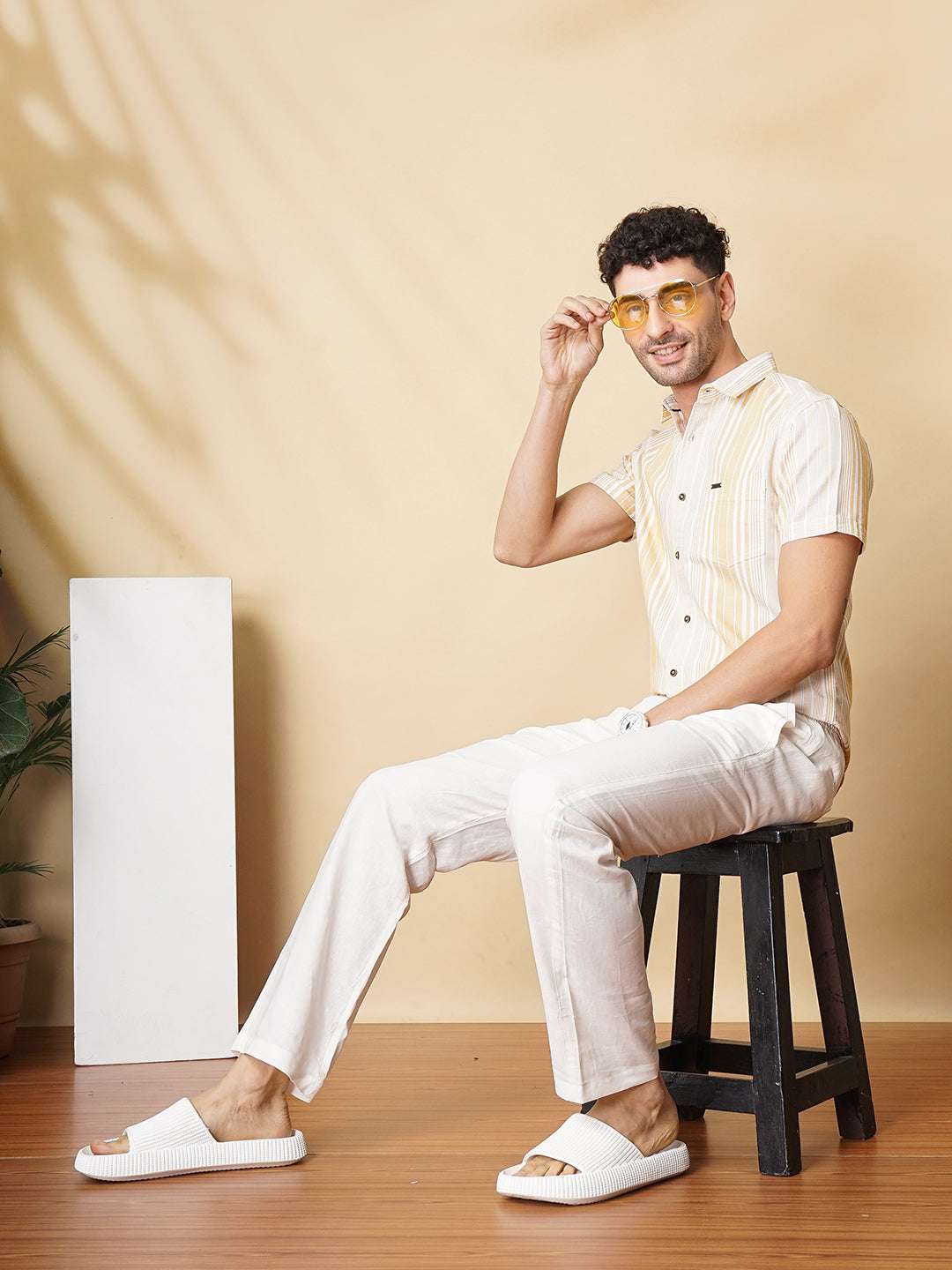 Men's Beige Slim Fit Striped Casual Shirt - Image 3
