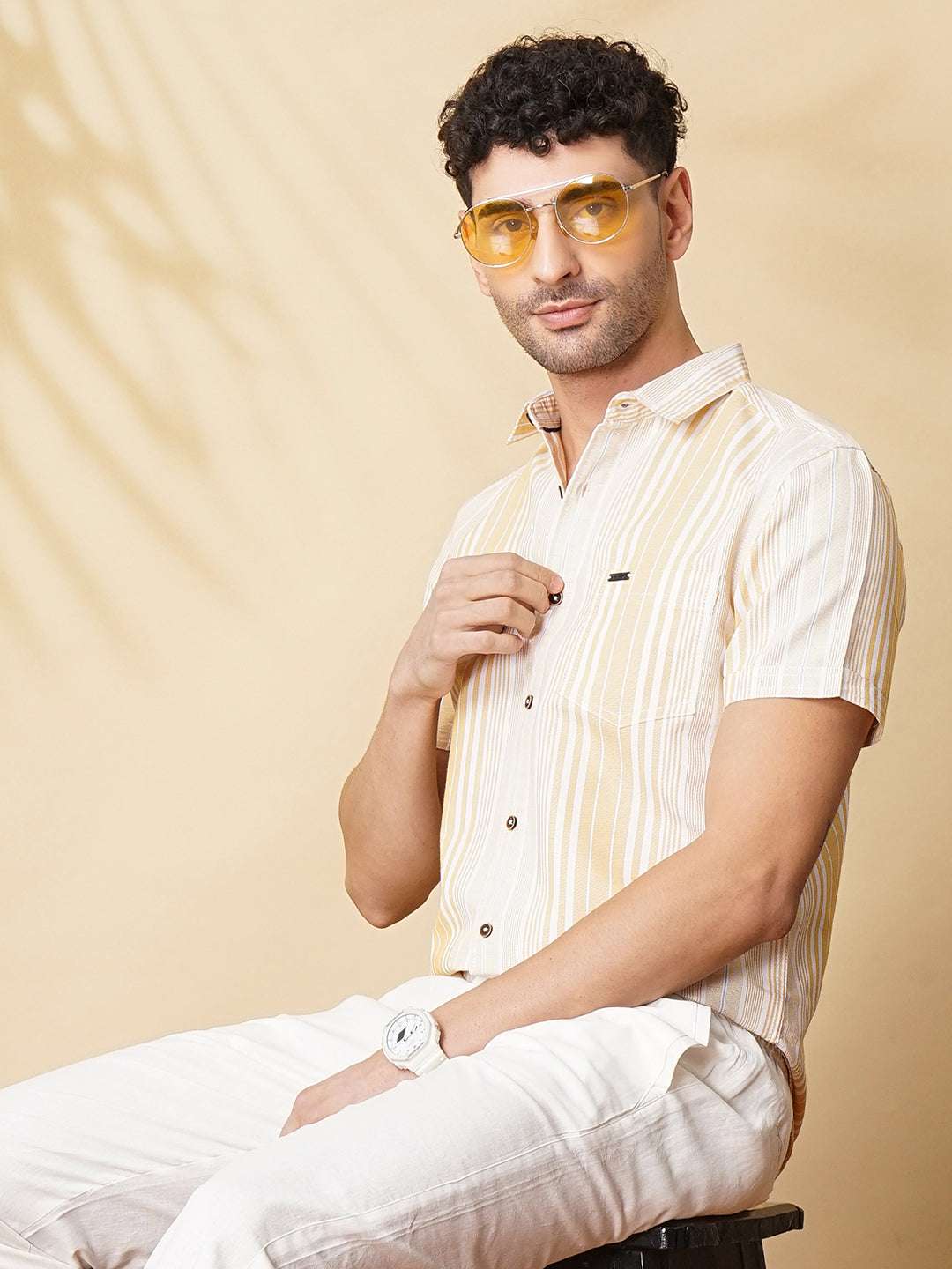 Men's Beige Slim Fit Striped Casual Shirt - Image 5
