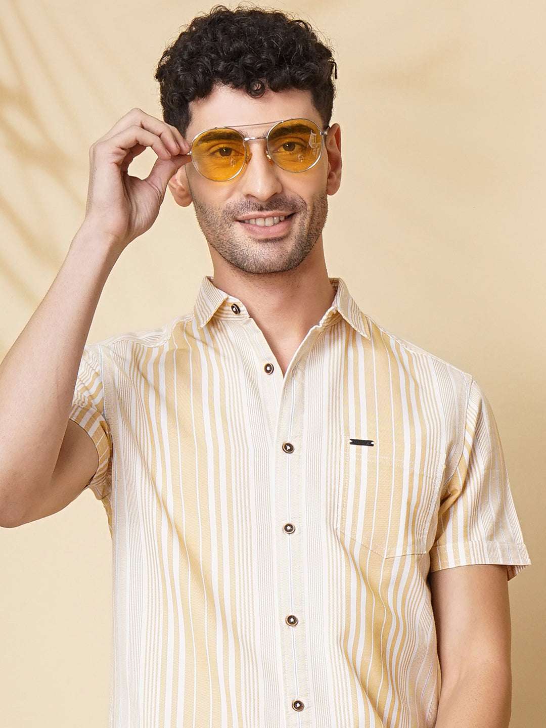 Men's Beige Slim Fit Striped Casual Shirt - Image 8