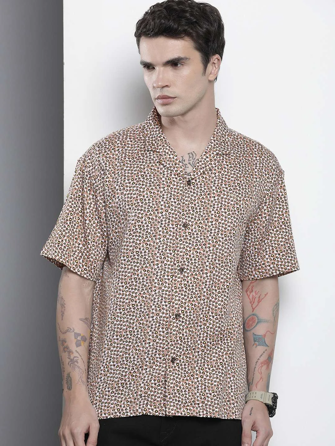 Men's Beige Slim Fit Printed Party Wear Shirt - Image 3