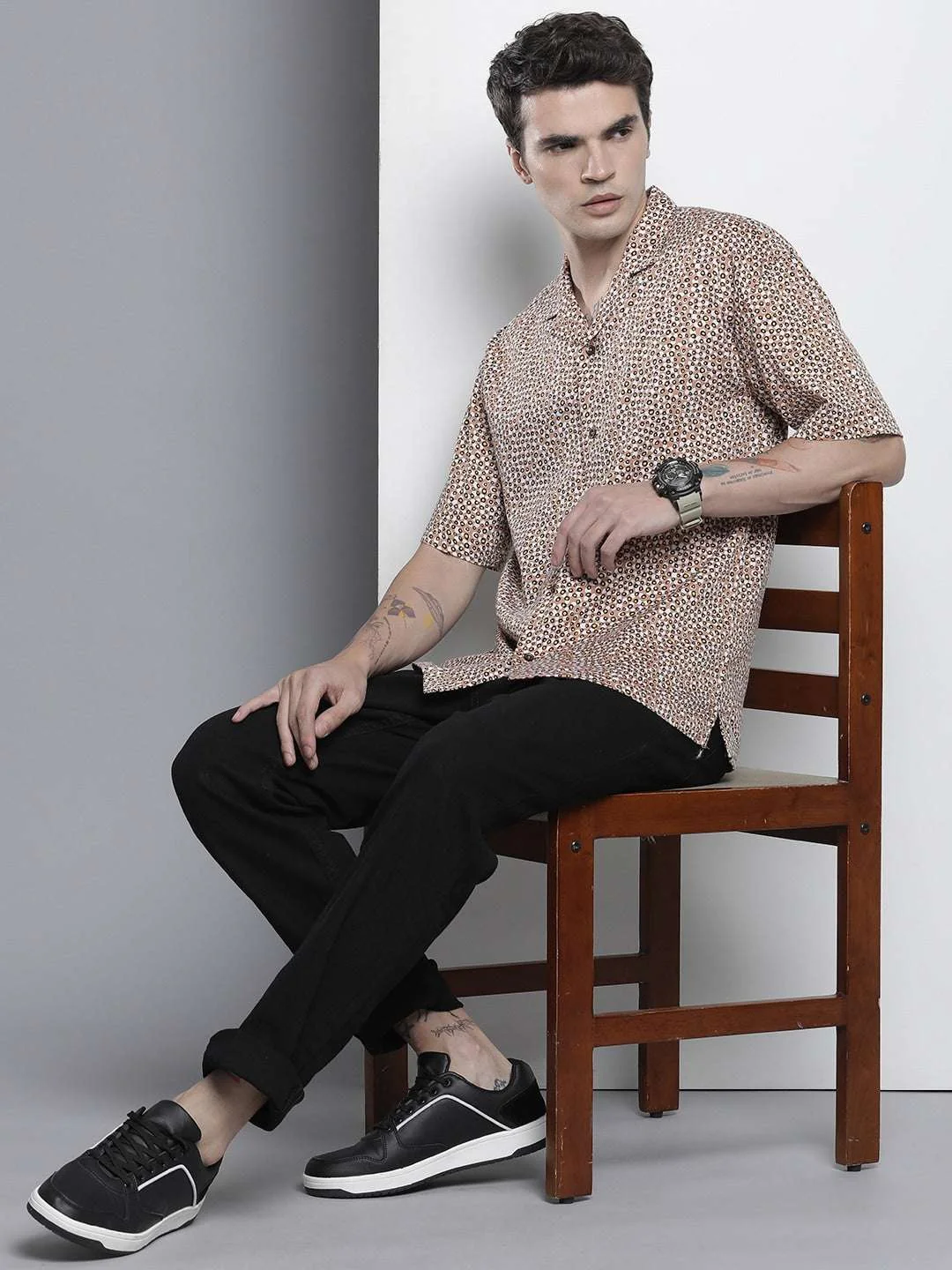 Men's Beige Slim Fit Printed Party Wear Shirt - Image 4