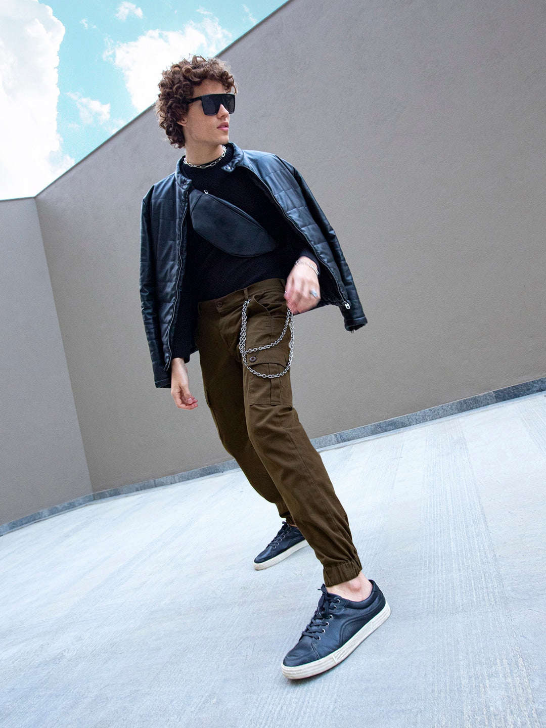 Men's Brown Slim Fit Solid Utility Cargo - Image 2