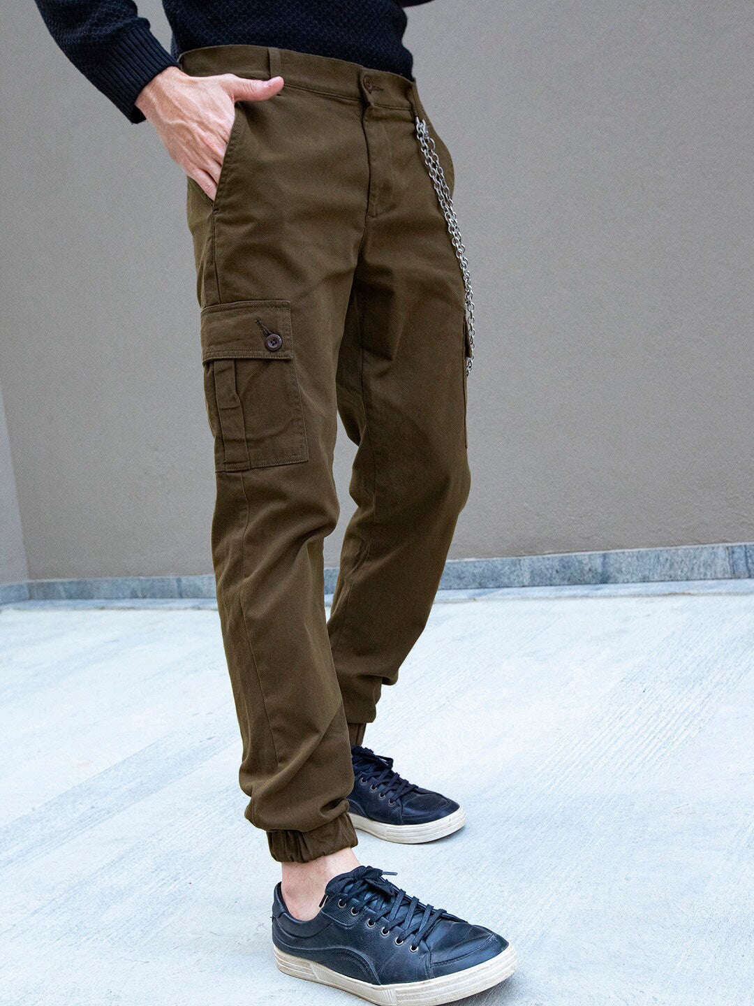 Men's Brown Slim Fit Solid Utility Cargo - Image 4