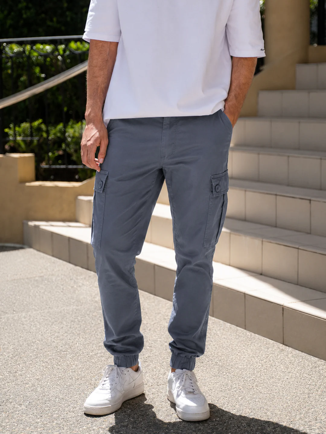 Men's Blue Slim Fit Solid Utility Cargo