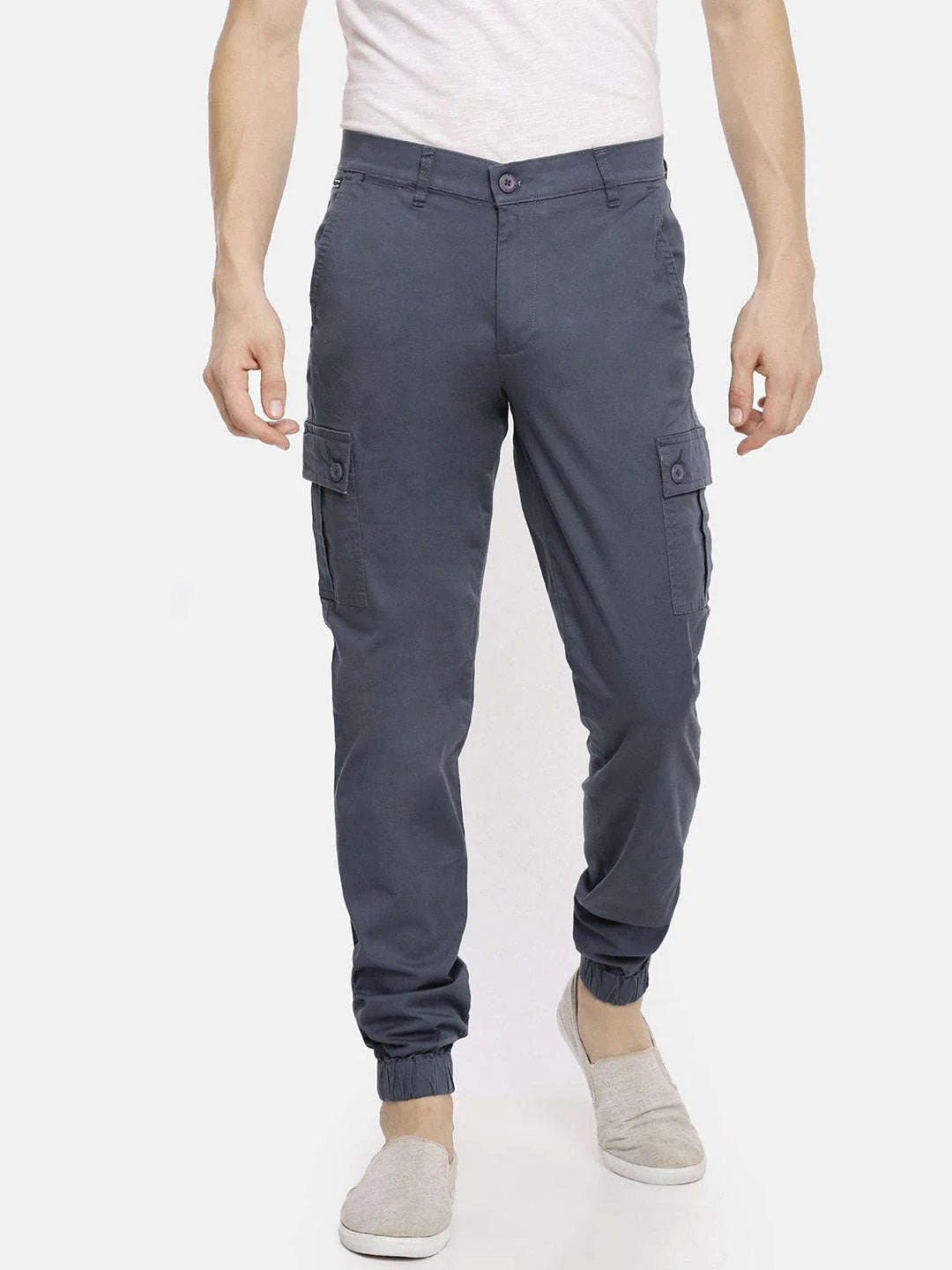 Men's Blue Slim Fit Solid Utility Cargo - Image 2