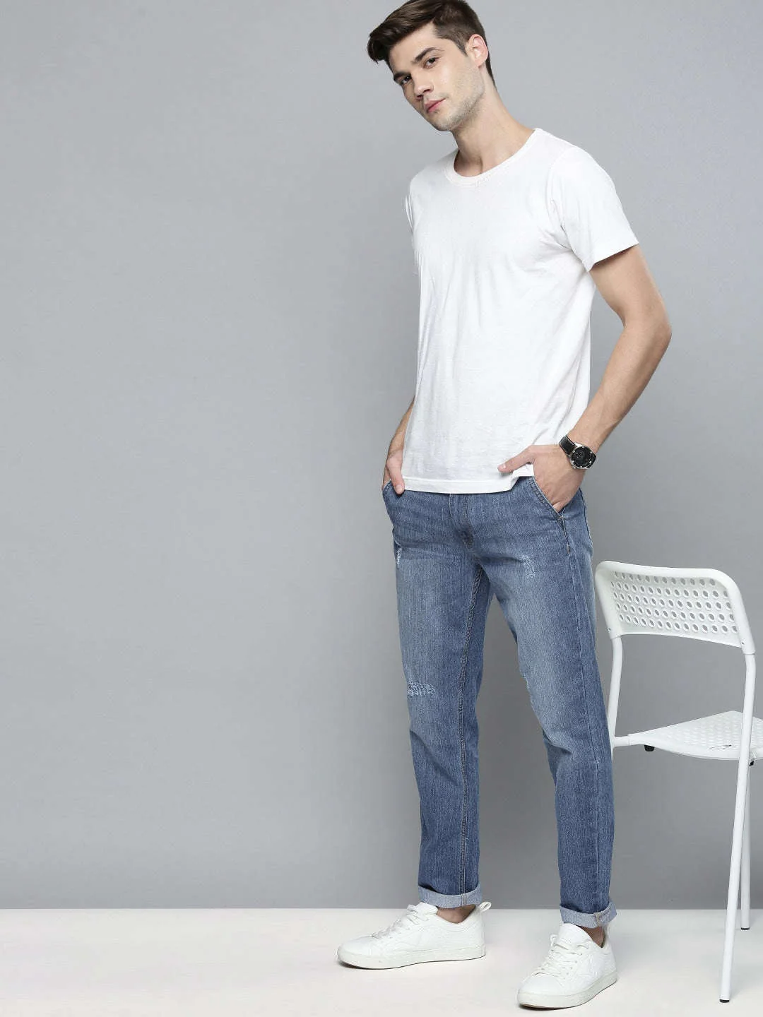 Men's Blue Slim Fit Solid Mid-Rise Stretchable Jeans - Image 4
