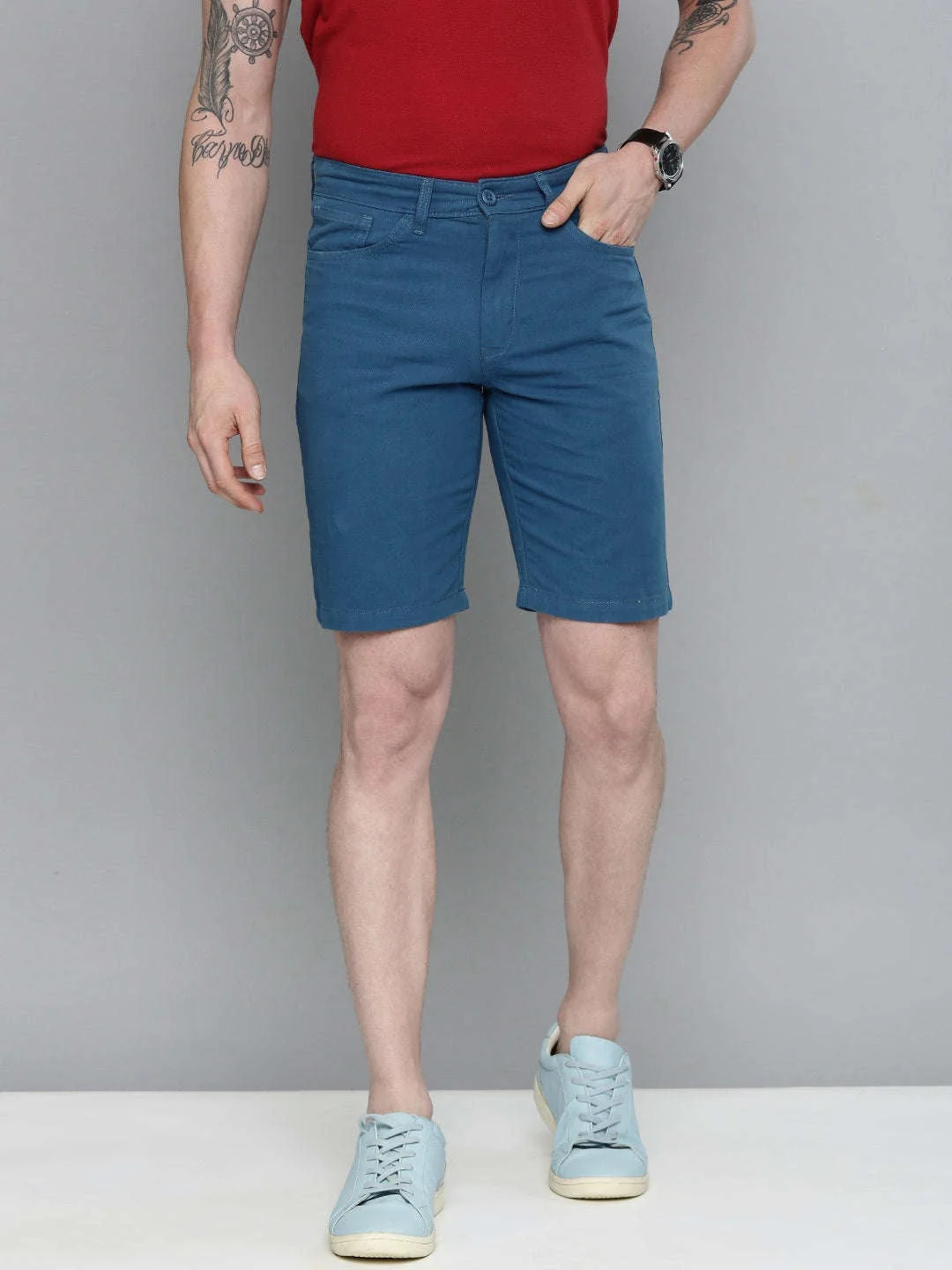 Men's Blue Slim Fit Solid Casual Shorts - Image 2