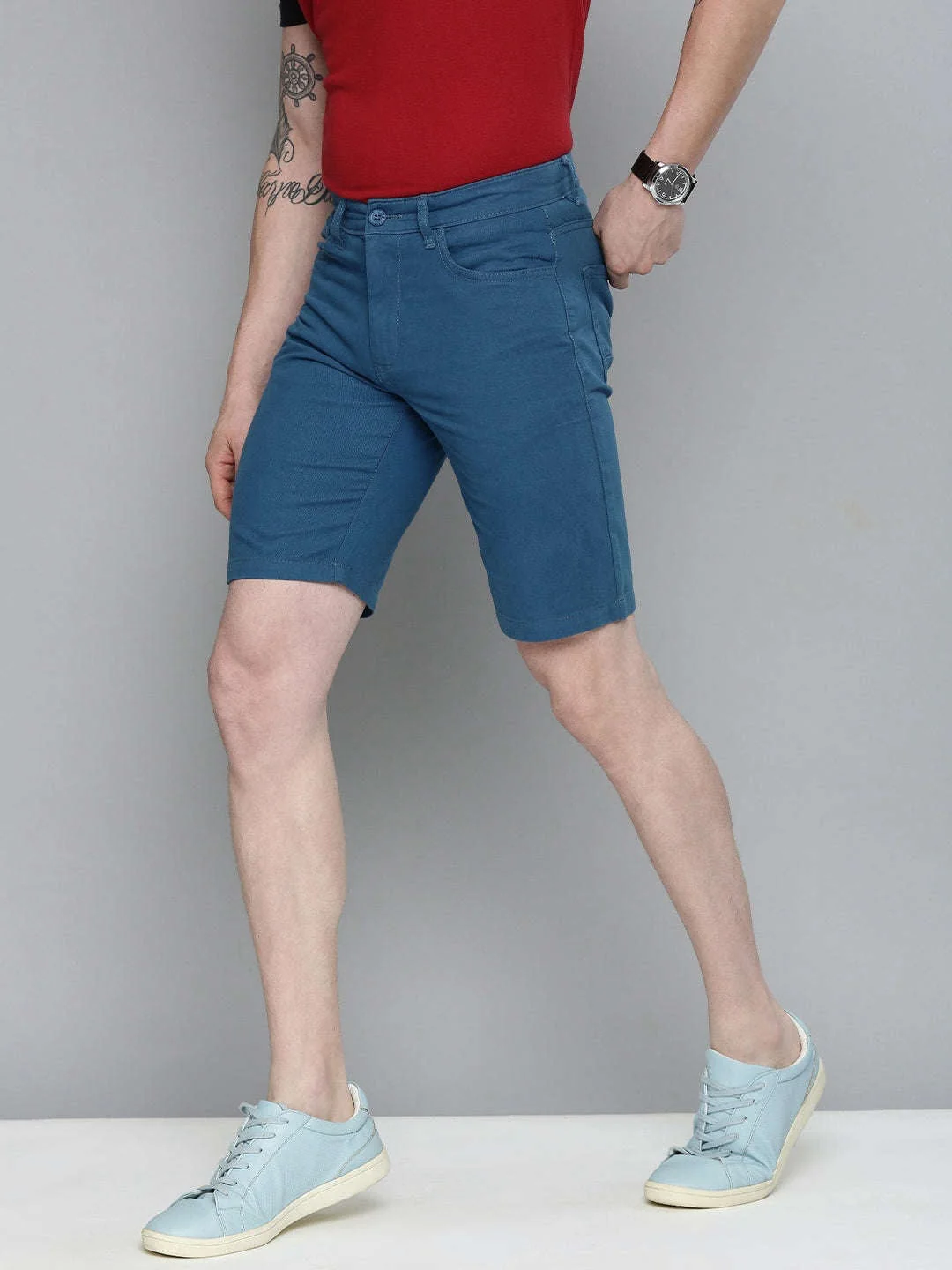 Men's Blue Slim Fit Solid Casual Shorts - Image 3