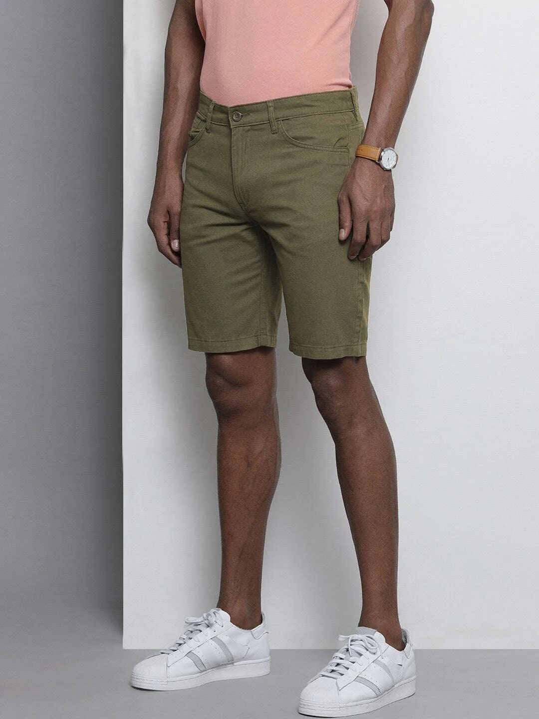 Men's Olive Slim Fit Solid Casual Shorts - Image 3