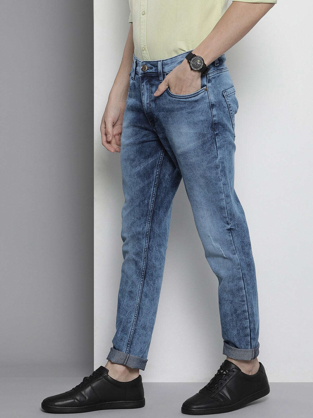 Men's Blue Regular Fit Solid Mid-Rise Stretchable Jeans - Image 2
