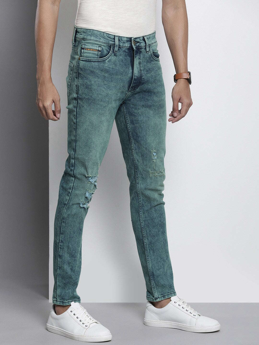 Men's Blue Regular Fit Solid Mid-Rise Stretchable Jeans - Image 2