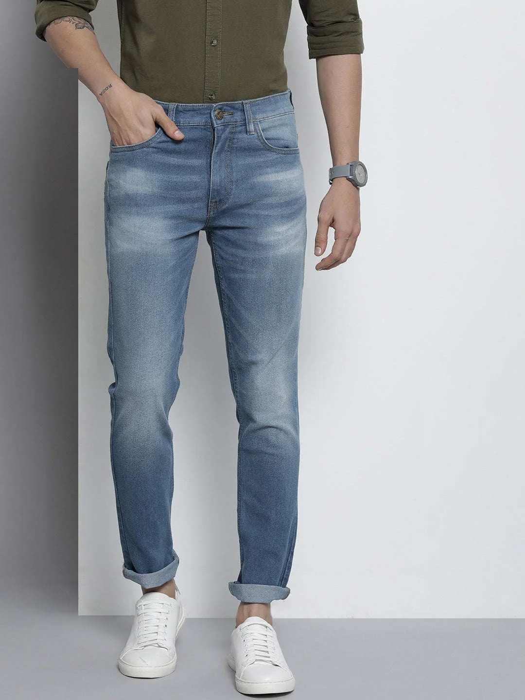 Men's Blue Slim Fit Printed Casual Jeans - Image 2