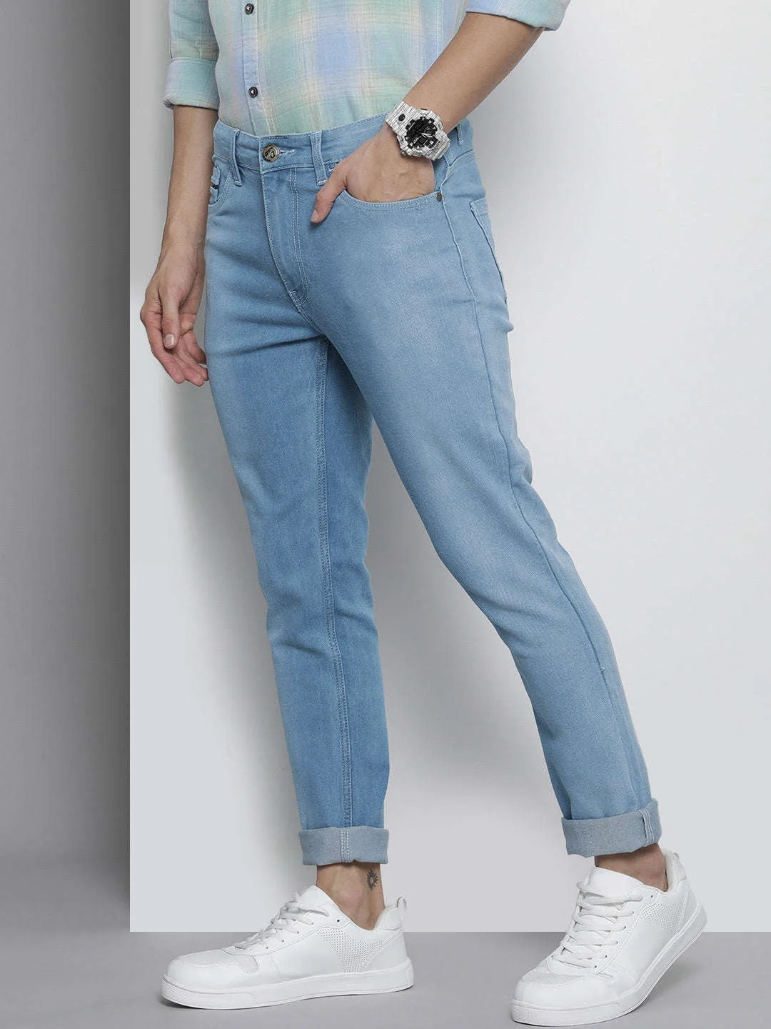 Men's Blue Regular Fit Solid Mid-Rise Stretchable Jeans - Image 2