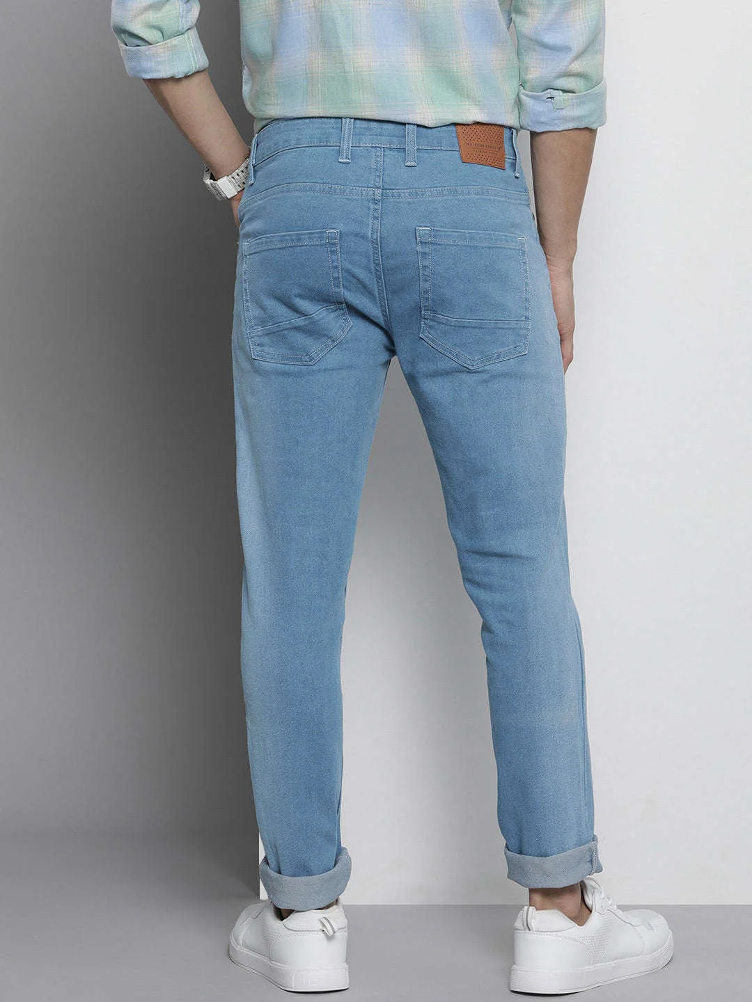 Men's Blue Regular Fit Solid Mid-Rise Stretchable Jeans - Image 3