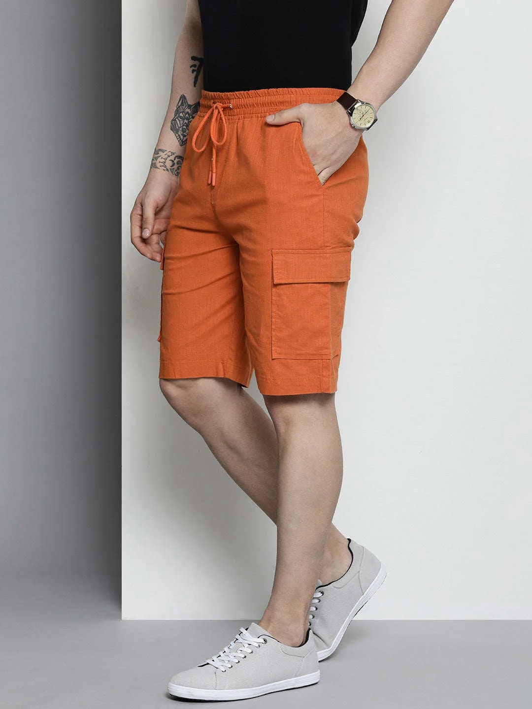 Men's Orange Slim Fit Solid Casual Shorts - Image 3