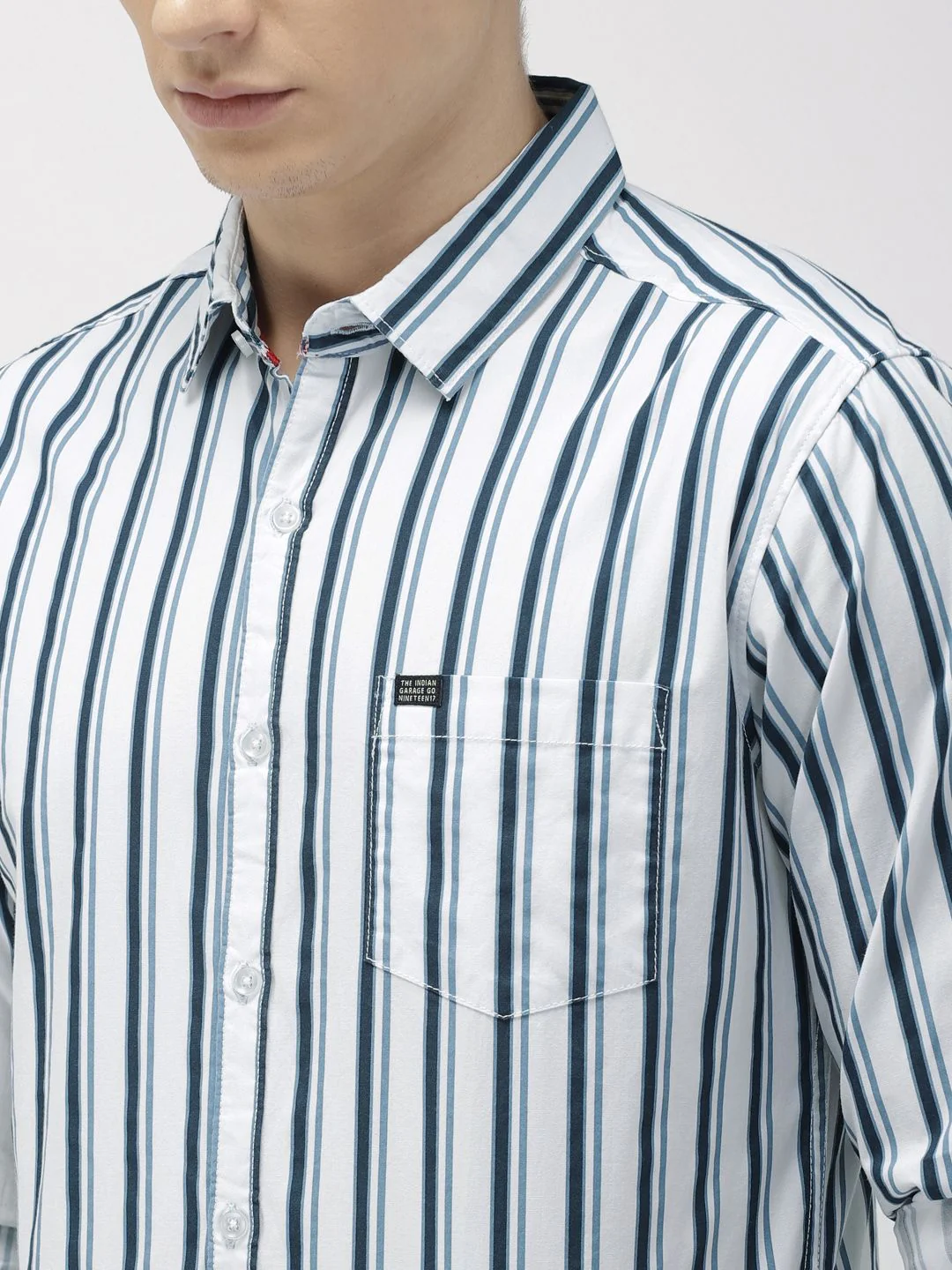 Men's White Slim Fit Vertical Stripes Casual Shirt - Image 3