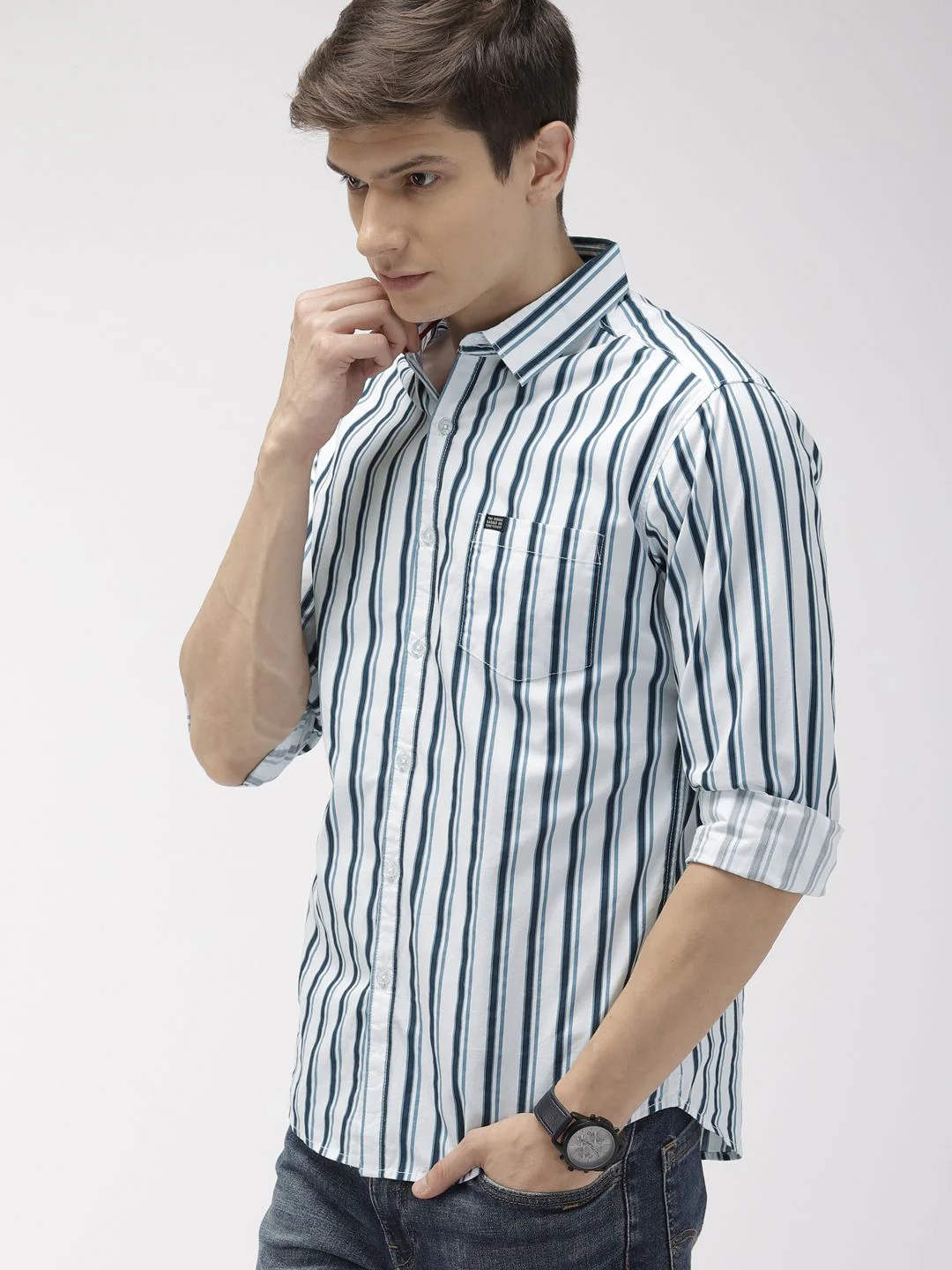 Men's White Slim Fit Vertical Stripes Casual Shirt - Image 4