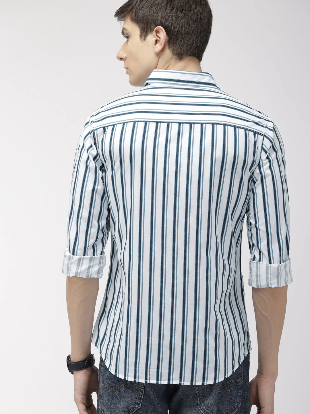 Men's White Slim Fit Vertical Stripes Casual Shirt - Image 5