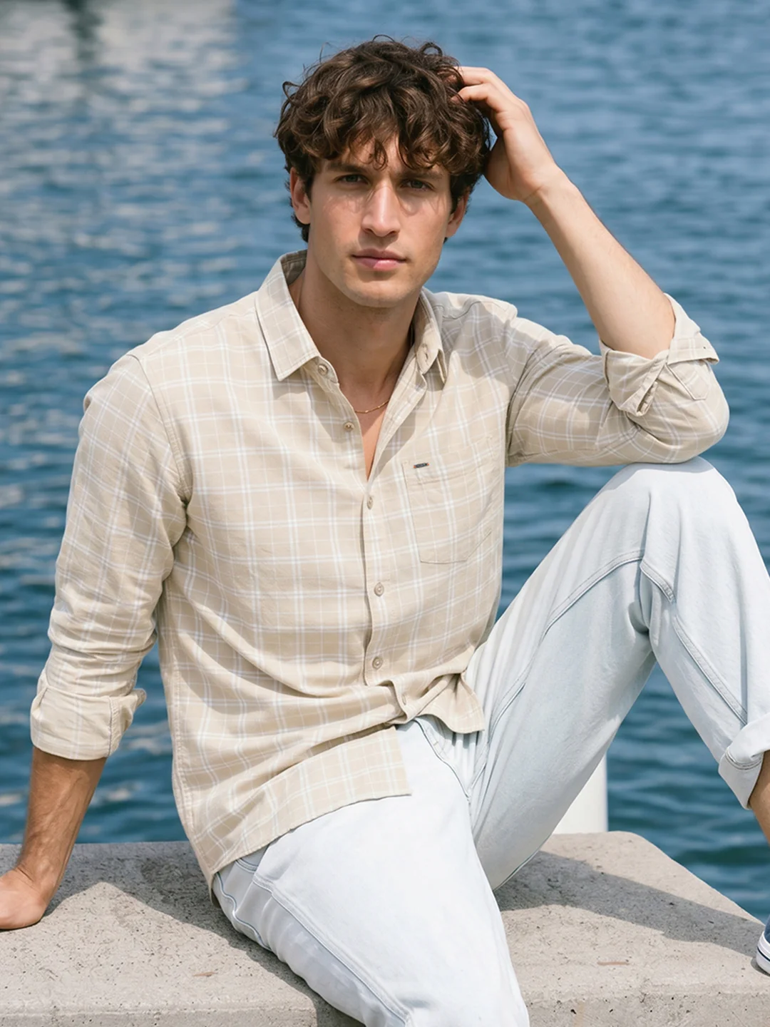 Men's Beige Slim Fit Checkered Casual Shirt