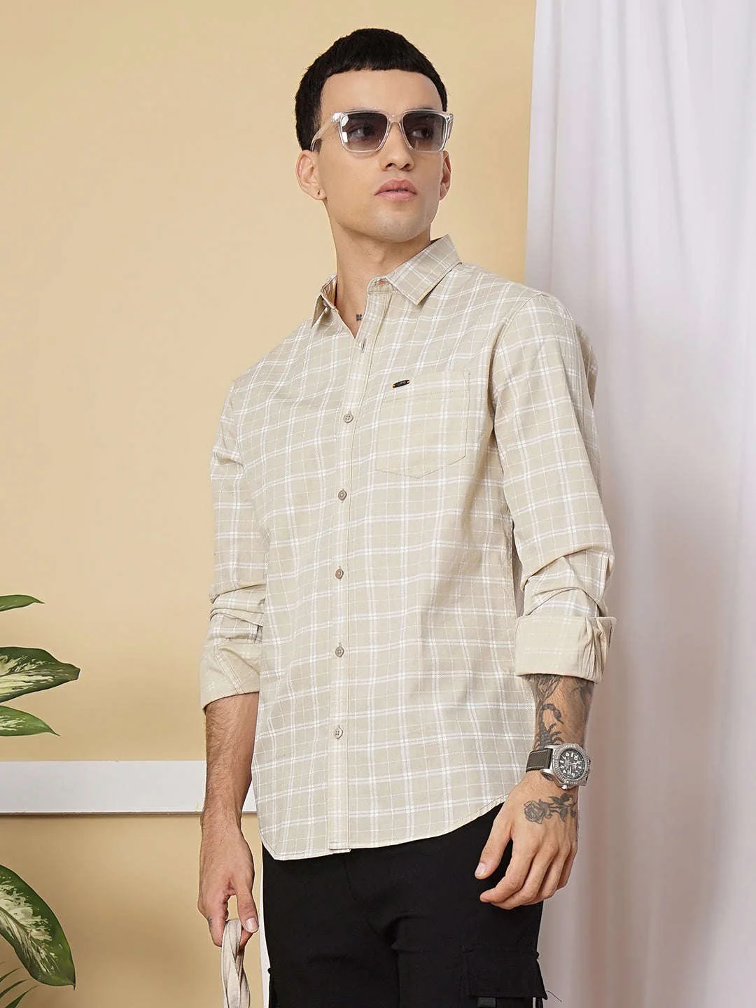 Men's Beige Slim Fit Checkered Casual Shirt - Image 5