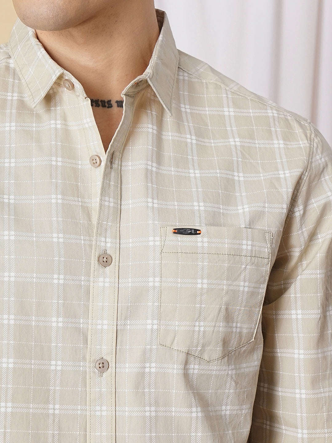 Men's Beige Slim Fit Checkered Casual Shirt - Image 6