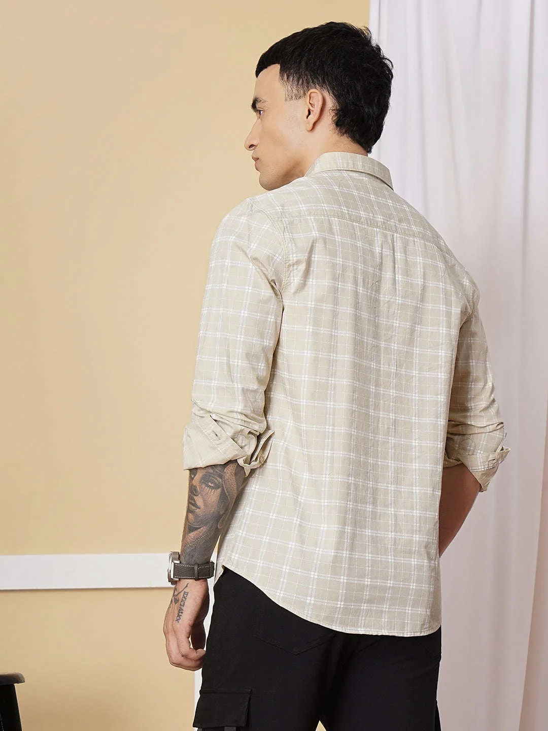 Men's Beige Slim Fit Checkered Casual Shirt - Image 7