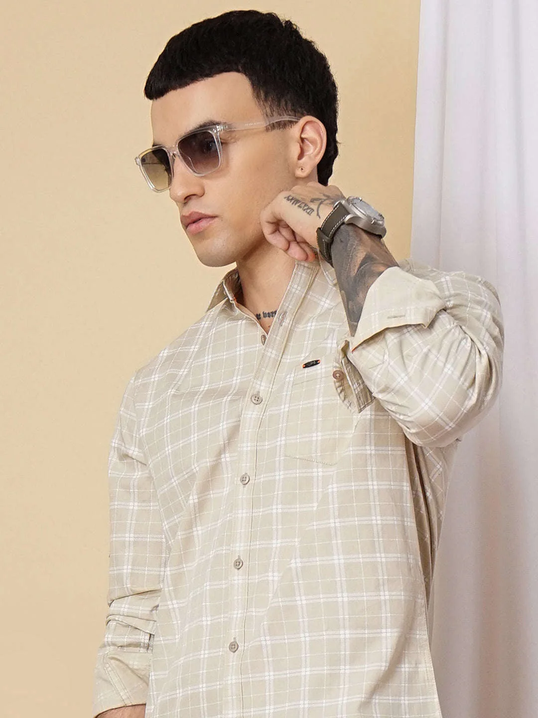 Men's Beige Slim Fit Checkered Casual Shirt - Image 8