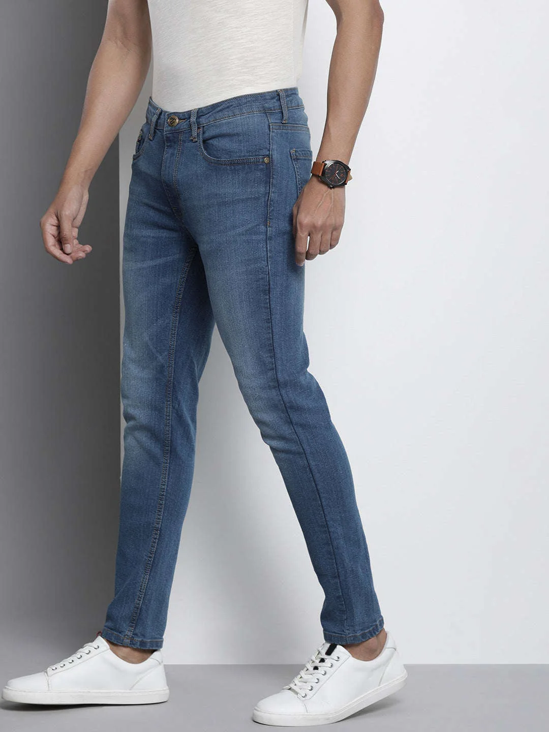 Men's Blue Skinny Fit Solid Mid-Rise Stretchable Jeans - Image 2