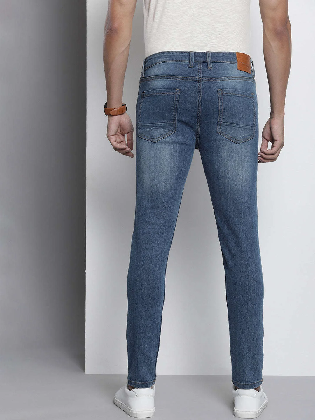 Men's Blue Skinny Fit Solid Mid-Rise Stretchable Jeans - Image 3