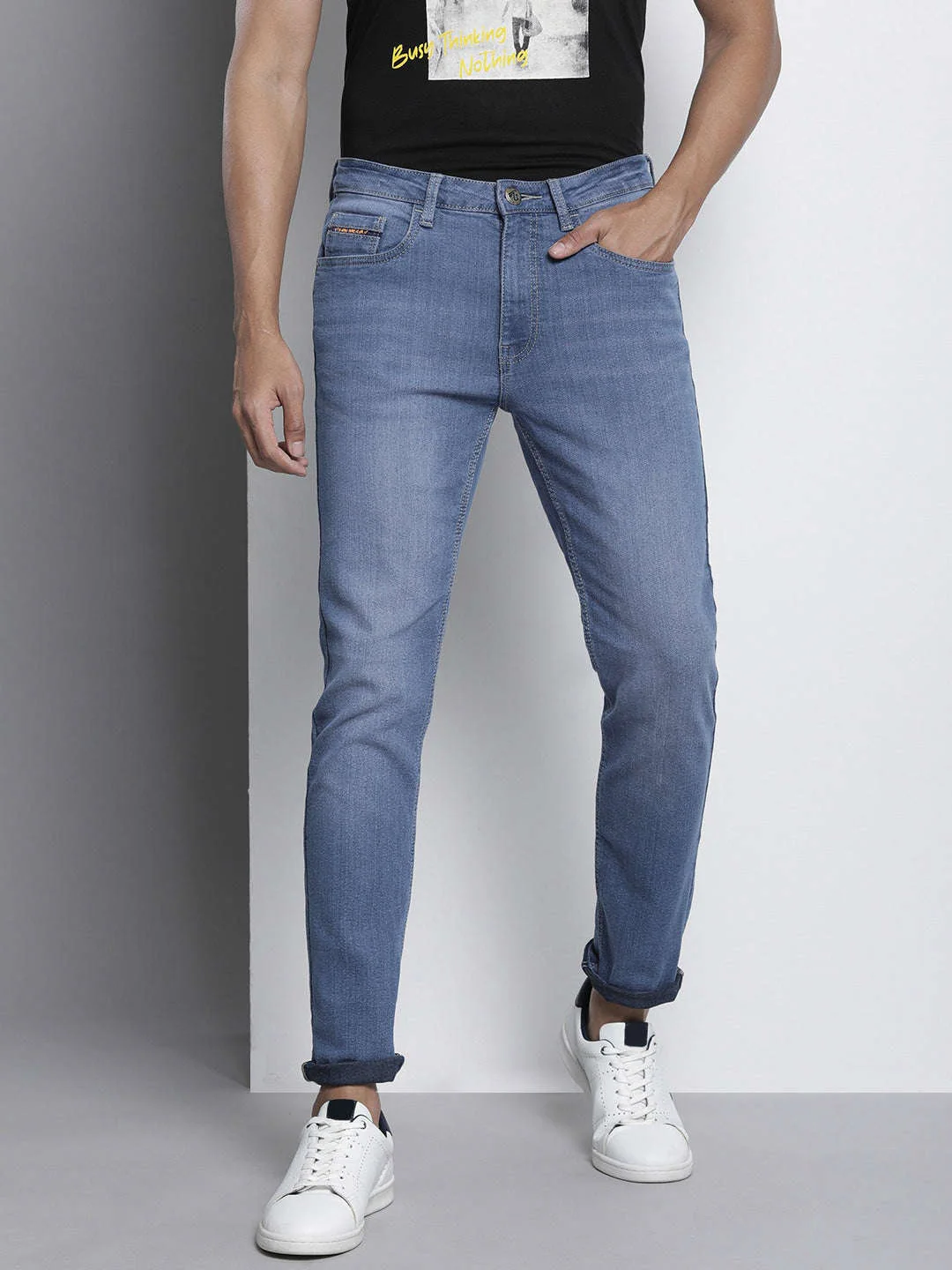 Men's Light Blue Skinny Fit Solid Casual Jeans - Image 2