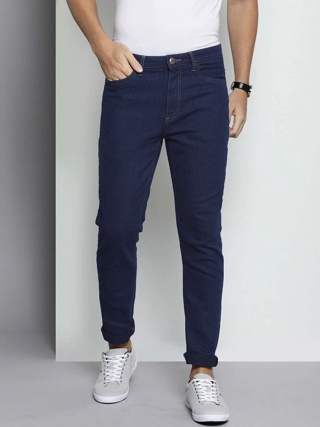 Men's Dark Blue Slim Fit Solid Casual Jeans - Image 2