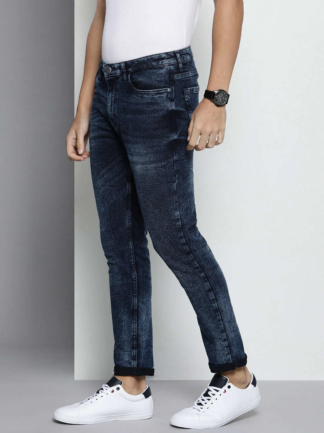 Men's Blue Slim Fit Solid Mid-Rise Stretchable Jeans - Image 2