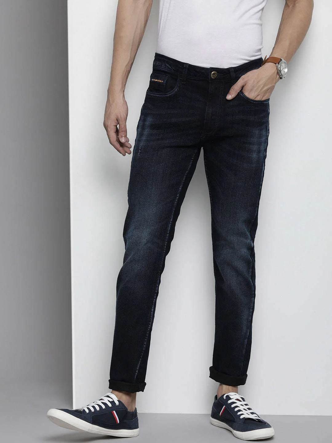 Men's Blue Skinny Fit Solid Mid-Rise Stretchable Jeans - Image 2